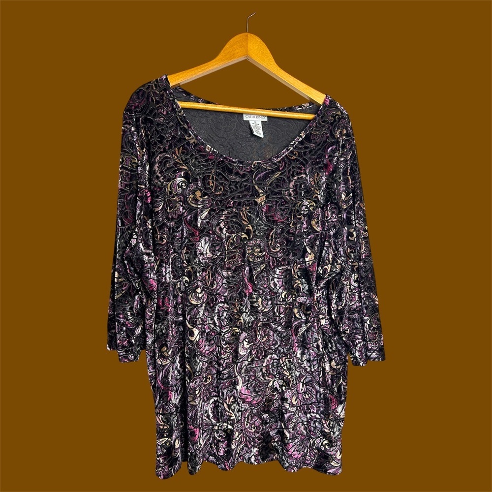 Catherine’s Blouse Plus Size 1X Paisley Velvet Novelty Print 3/4 Sleeve comfy
